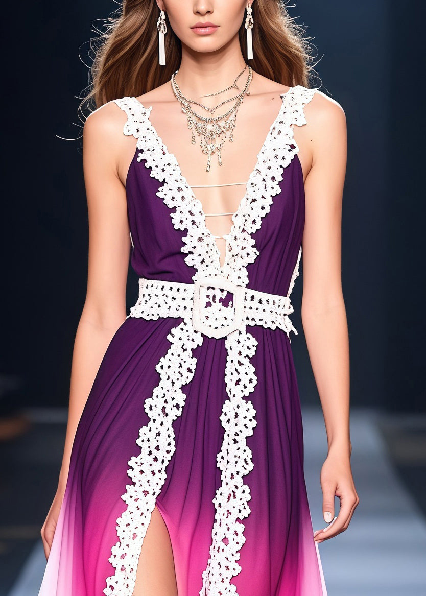 Spaghetti Strap Deep V-Neck Chiffon Lace Trim Pleated Maxi Gown - View 2