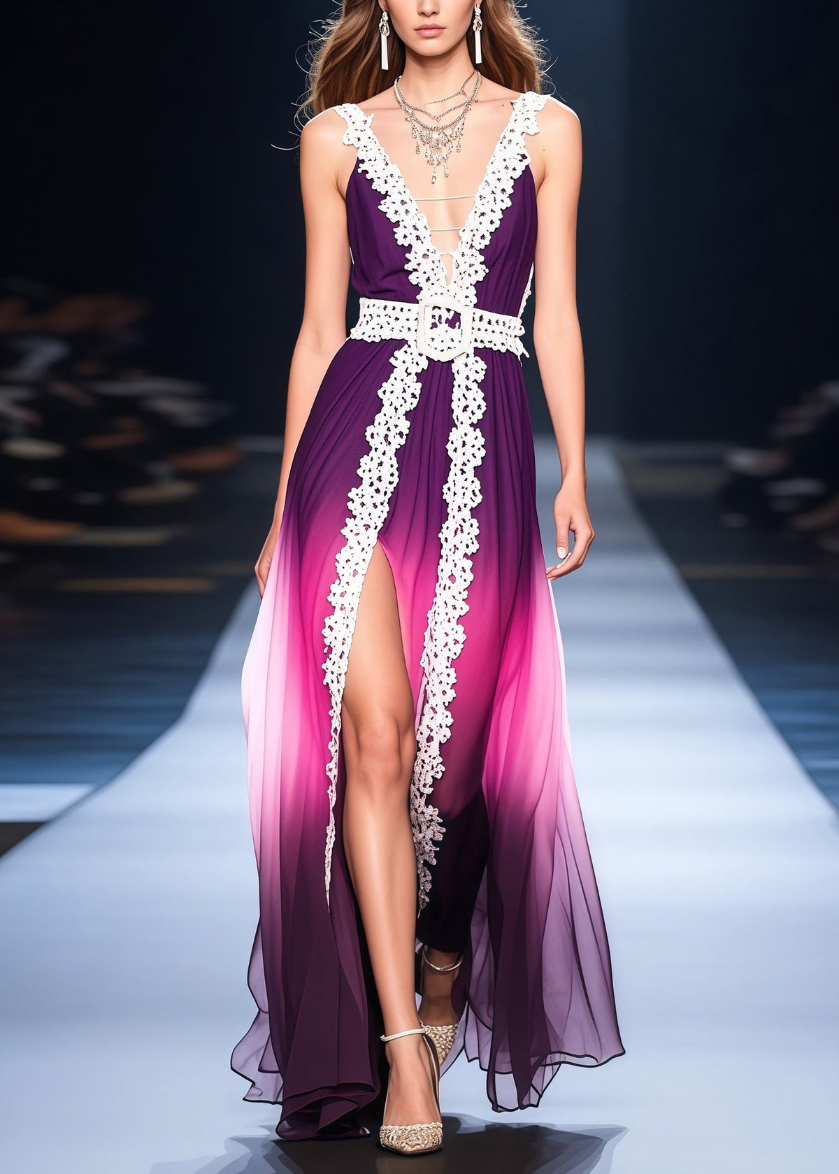 Spaghetti Strap Deep V-Neck Chiffon Lace Trim Pleated Maxi Gown - View 5
