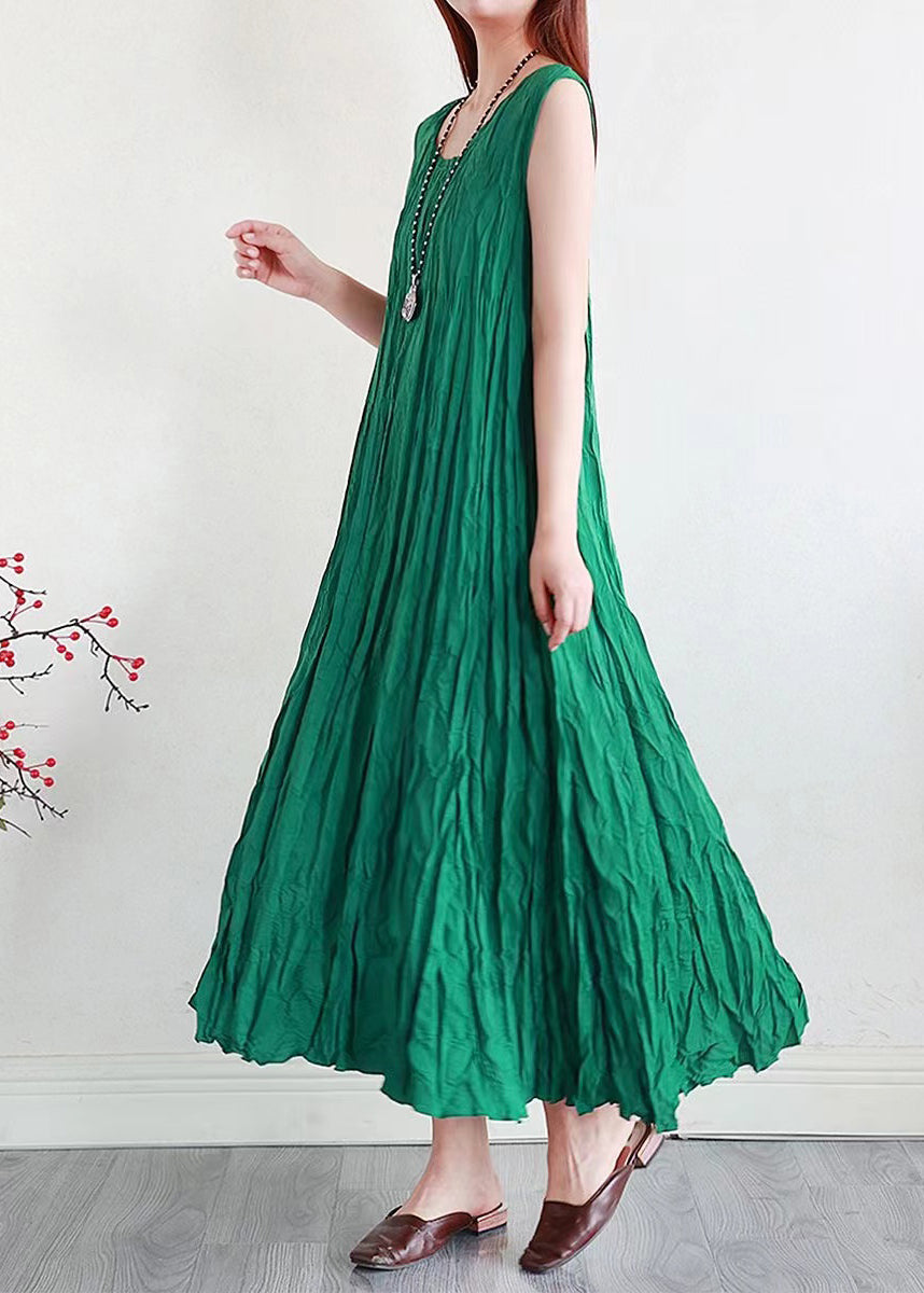 Crinkle Pleat Round Neck Sleeveless A-Line Maxi Dress