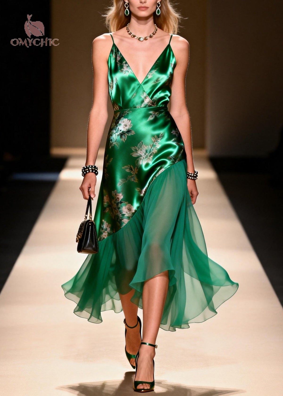 Floral Print Spaghetti Strap Deep V-Neck Satin Chiffon Midi Dress