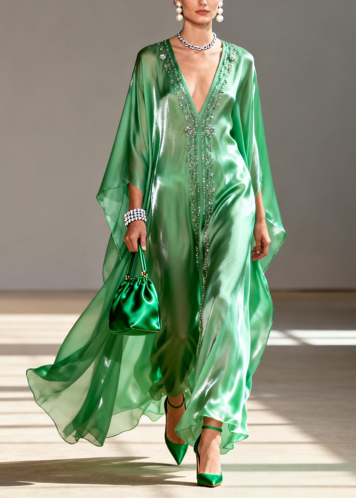 Classy Green V Neck Zircon Chiffon Maxi Dresses Spring - View 5