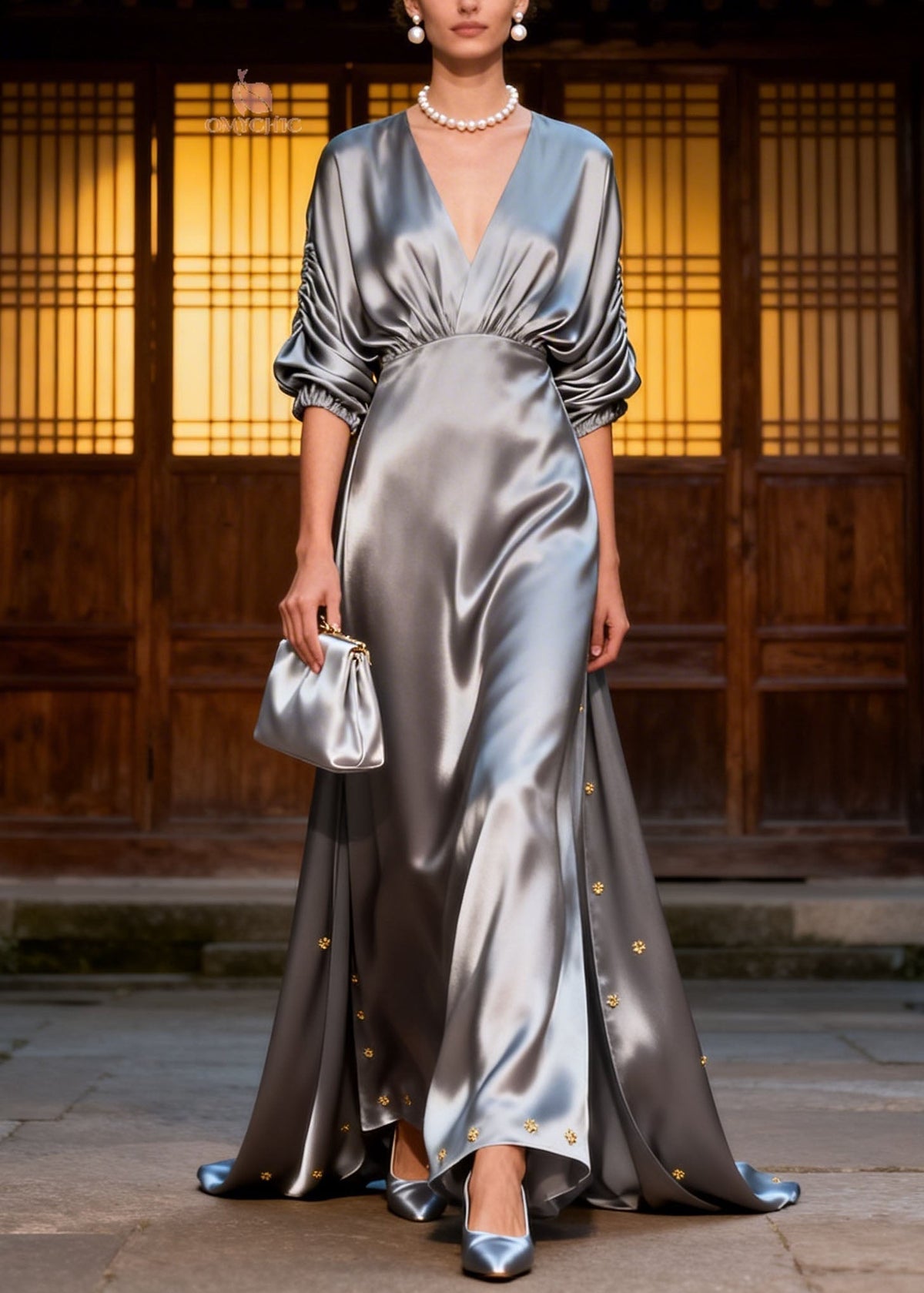 Satin Deep V-Neck Ruched Puff Sleeve Empire Waist Maxi Gown