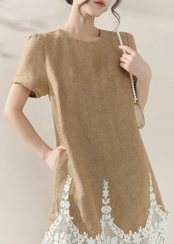 Linen Look Crew Neck Short Puff Sleeve Scalloped Lace Hem Mini Dress - View 2