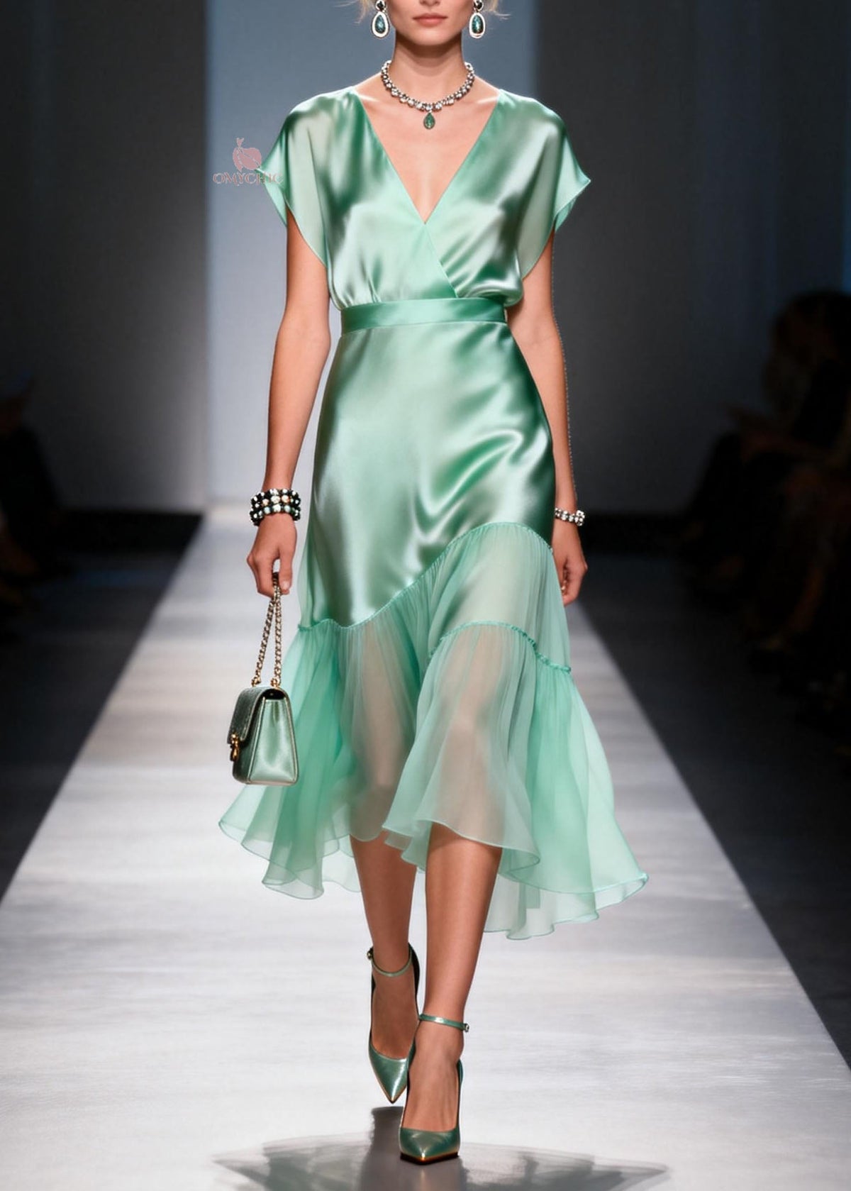 Cap Sleeve V-Neck Wrap Satin Tiered Chiffon Ruffle Midi Dress