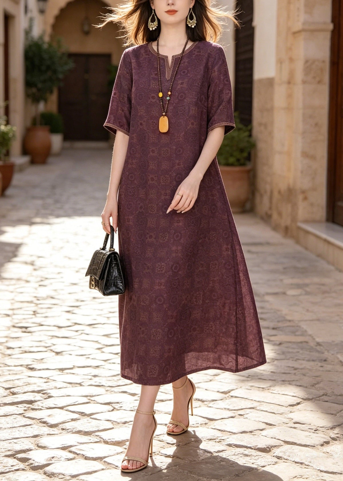 Geometric Print Split Neck Short Sleeve Relaxed A-Line Maxi Dress - View 5
