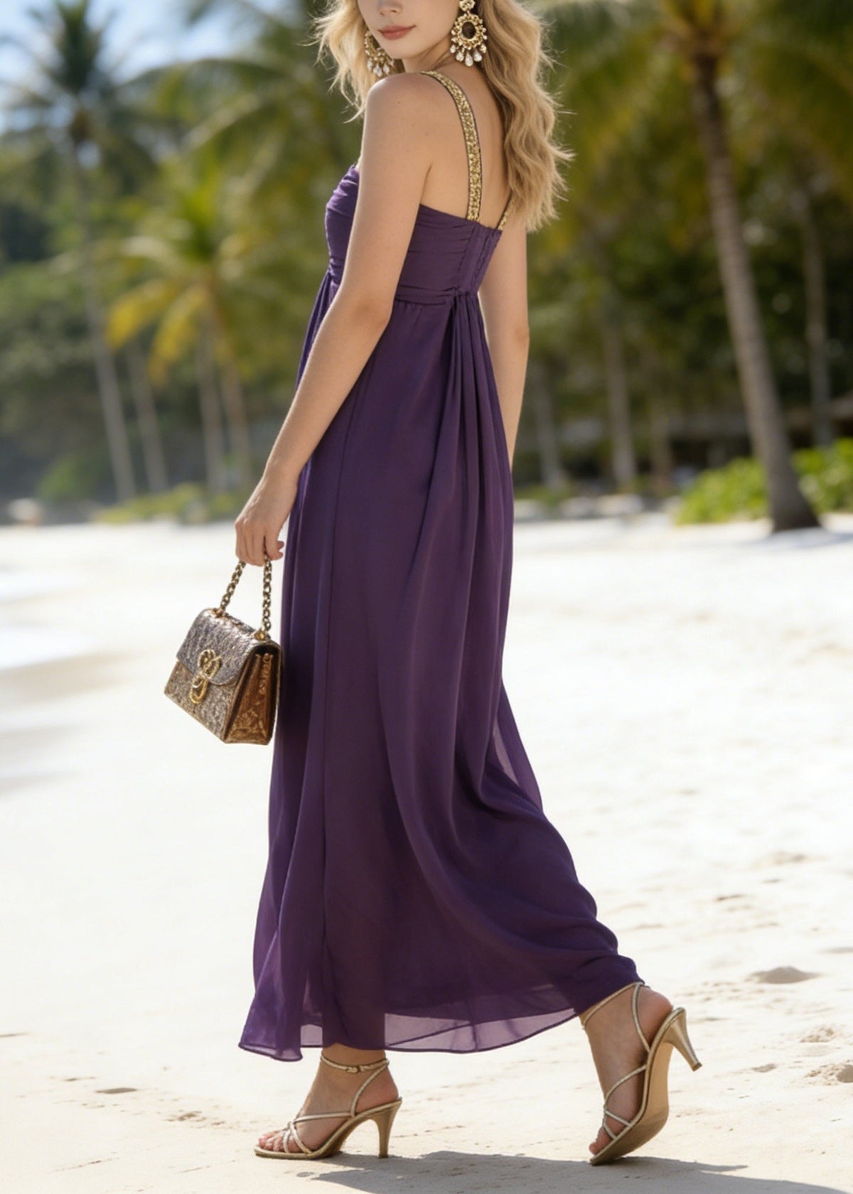 Classy Purple Patchwork Chiffon Spaghetti Strap Dress Summer - View 3