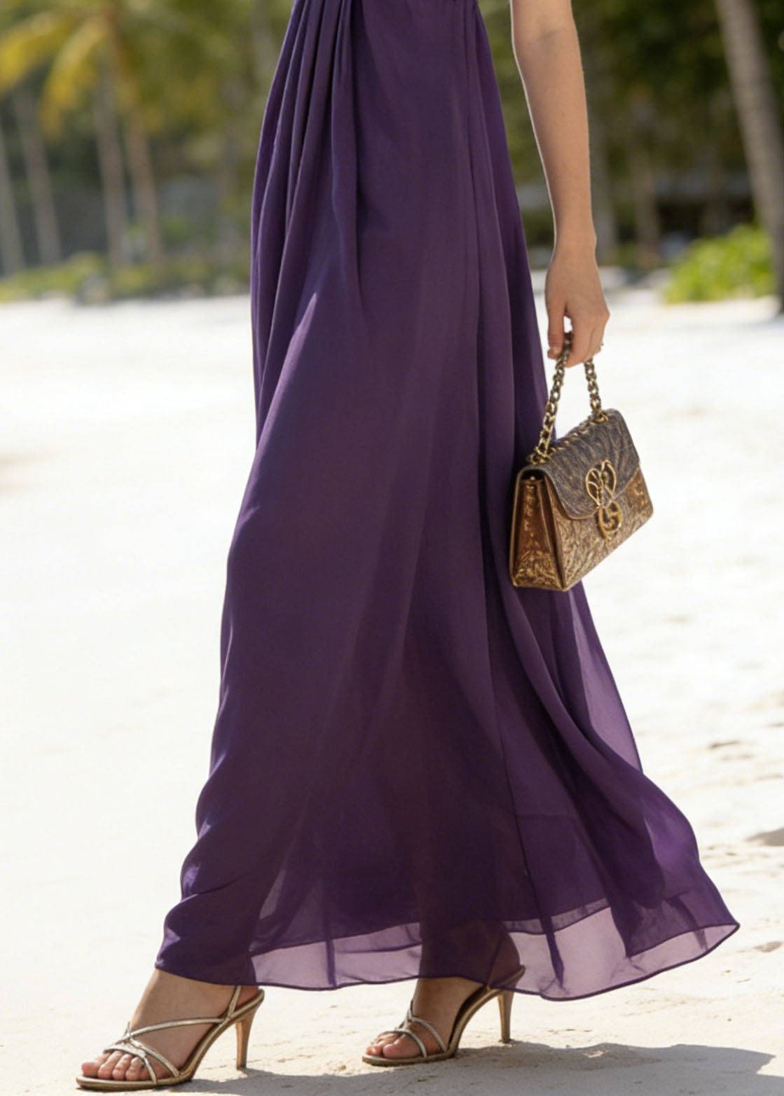 Classy Purple Patchwork Chiffon Spaghetti Strap Dress Summer - View 5