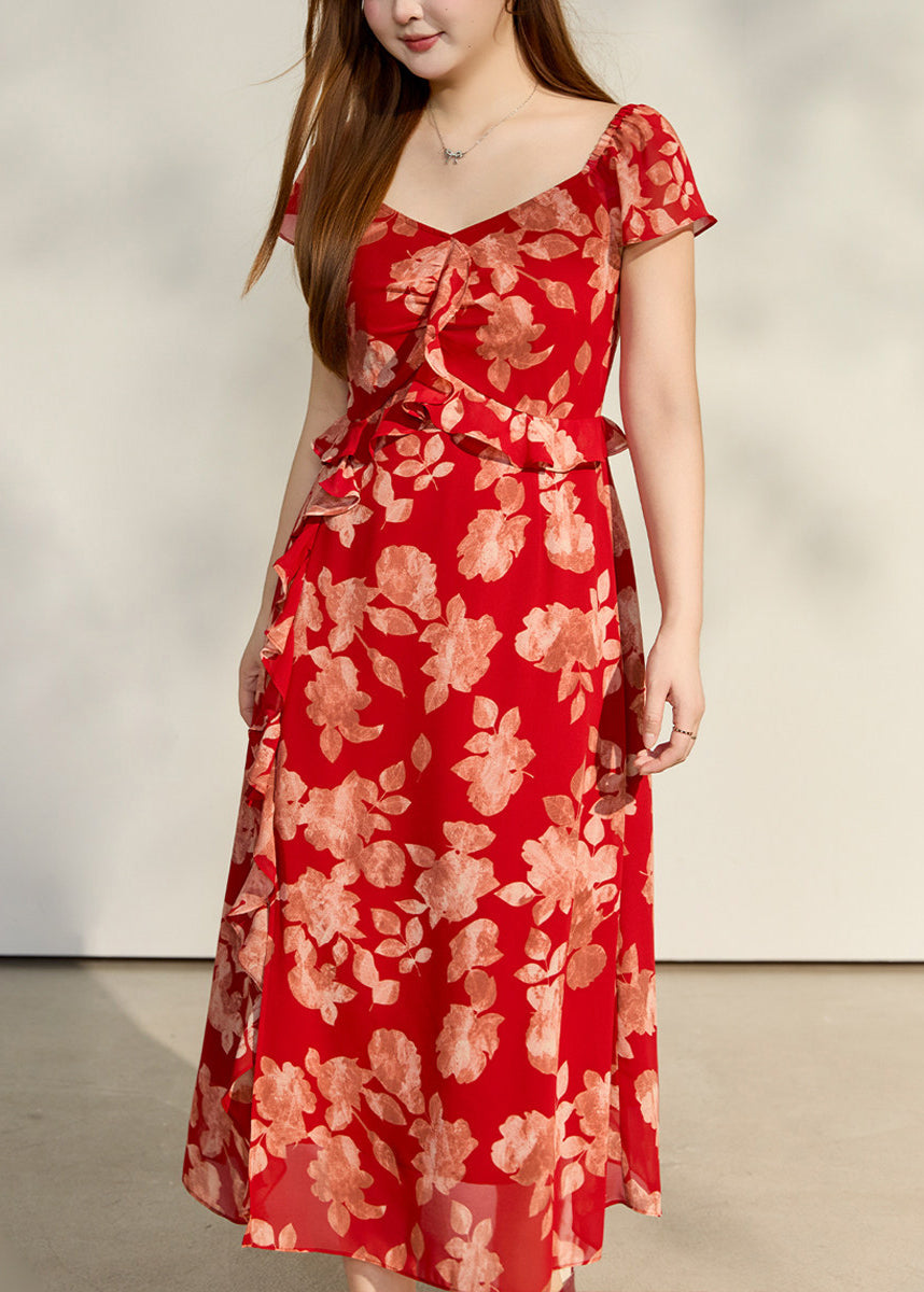 Floral Sweetheart Short Sleeve Ruffle A-Line Midi Summer Dress - View 3
