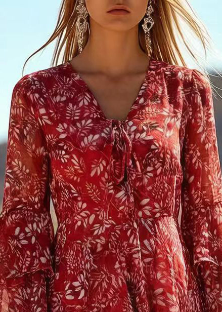 Floral V-Neck Bell Sleeve Tie Front Chiffon Mini Dress - View 2