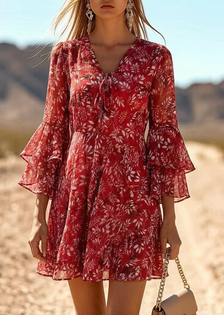 Floral V-Neck Bell Sleeve Tie Front Chiffon Mini Dress - View 3