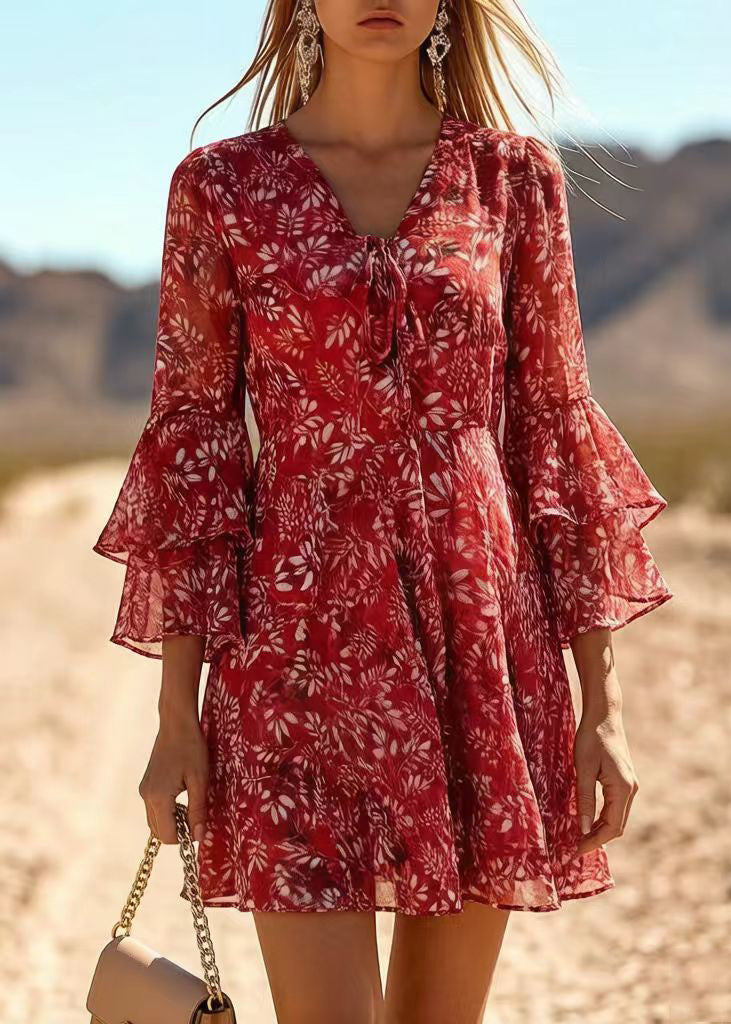 Floral V-Neck Bell Sleeve Tie Front Chiffon Mini Dress - View 5