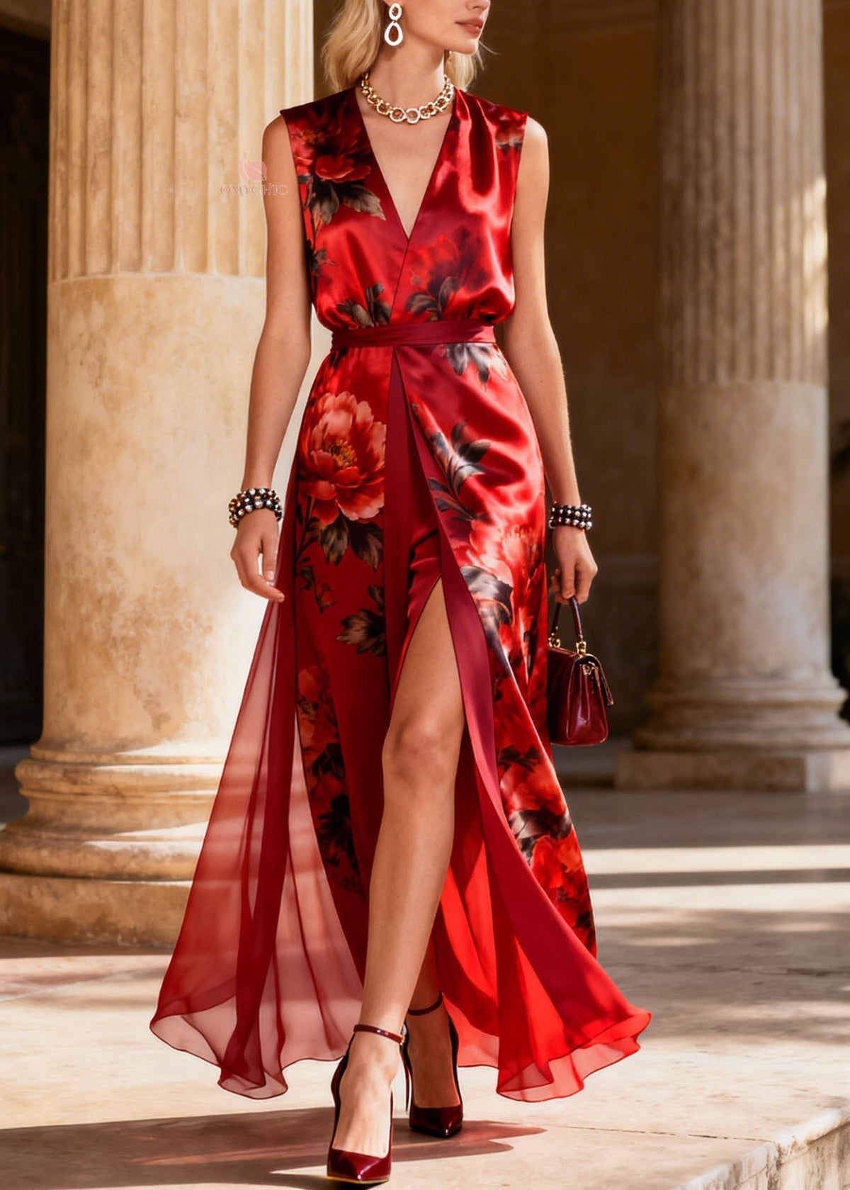 Floral Print Deep V-Neck Belted Chiffon Panel High Split Maxi Gown - View 3
