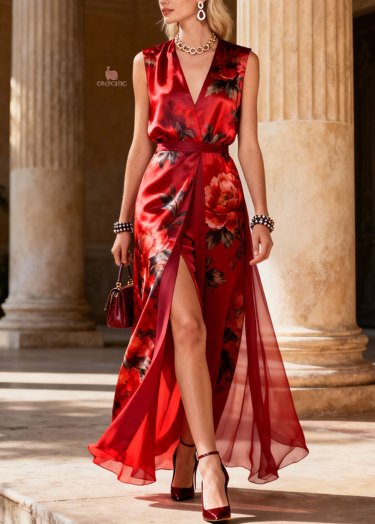 Floral Print Deep V-Neck Belted Chiffon Panel High Split Maxi Gown - View 5
