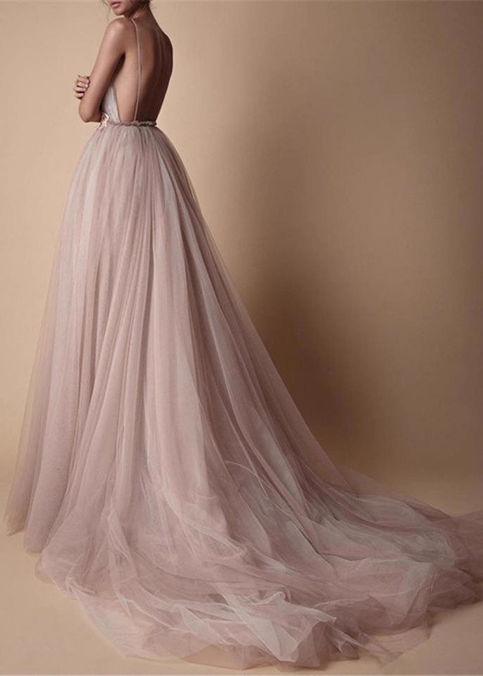 Classy V Neck Floral Tulle Spaghetti Strap Dress Summer - View 2