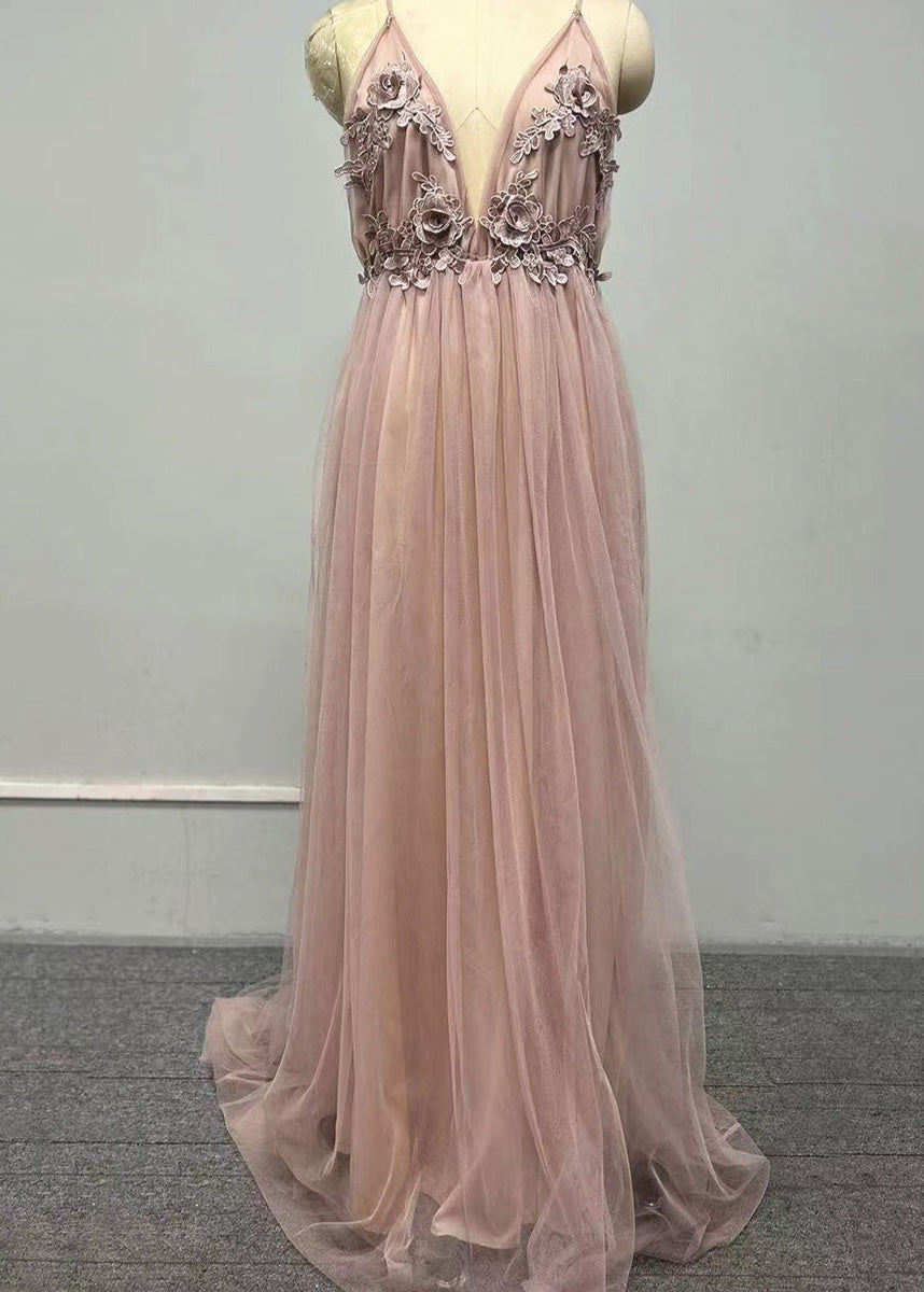 Classy V Neck Floral Tulle Spaghetti Strap Dress Summer - View 5