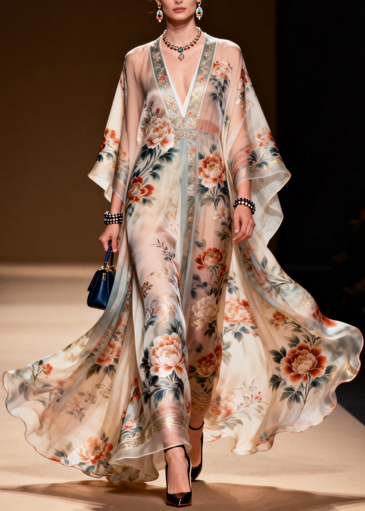 Floral Print Lace Trim Deep V-Neck Cape Sleeve Kaftan Maxi Gown - View 5
