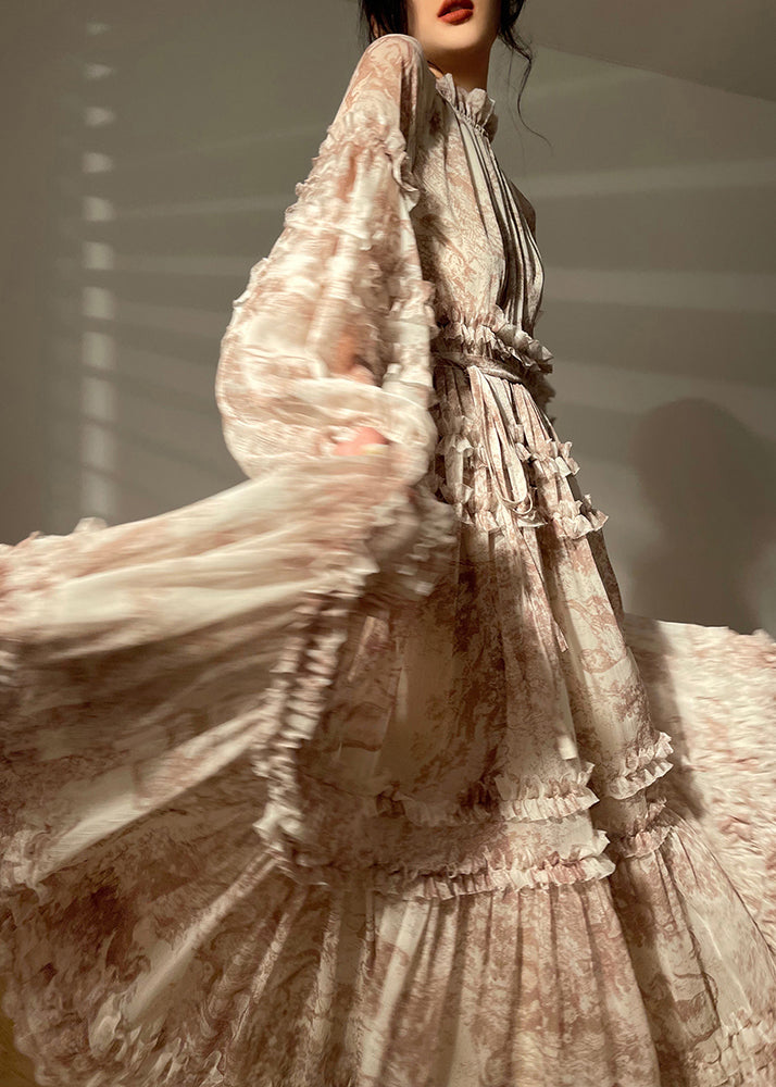 Classy V Neck Ruffles Print Chiffon Long Dresses Long Sleeve - View 2
