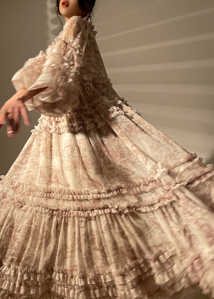Classy V Neck Ruffles Print Chiffon Long Dresses Long Sleeve - View 3