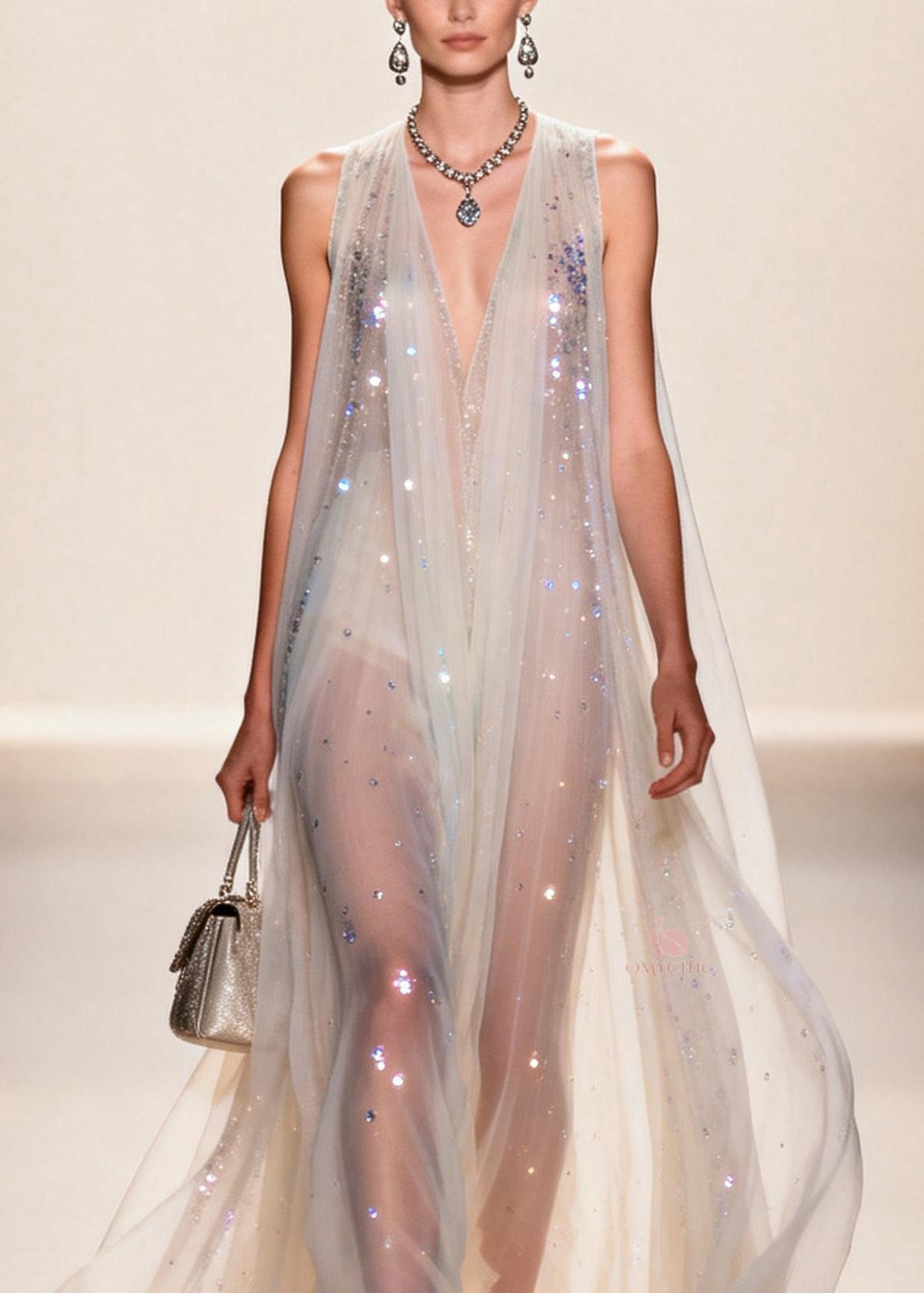 Sequin Mesh Deep V-Neck Sleeveless Sheer A-Line Maxi Gown - View 2