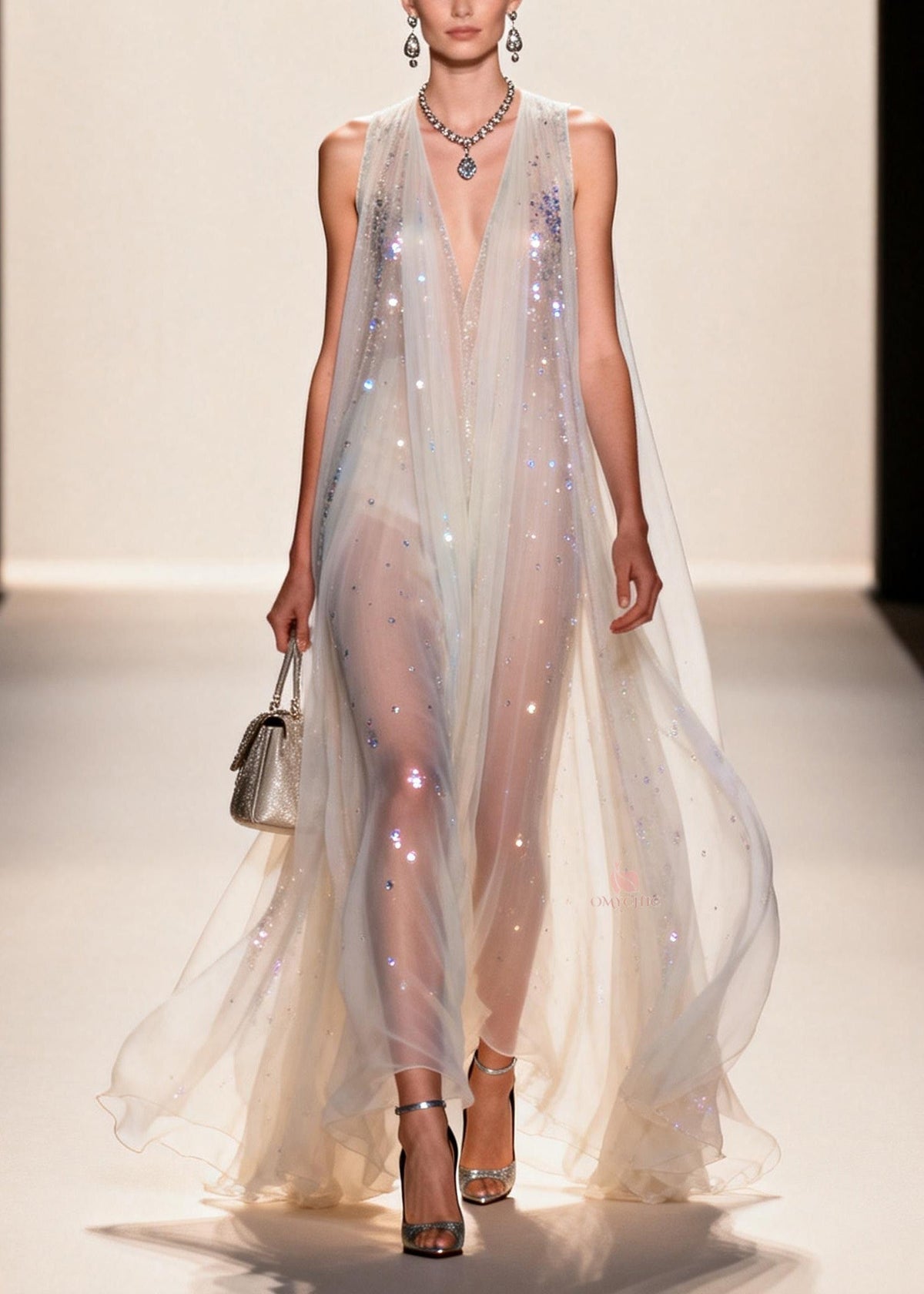 Sequin Mesh Deep V-Neck Sleeveless Sheer A-Line Maxi Gown - View 5