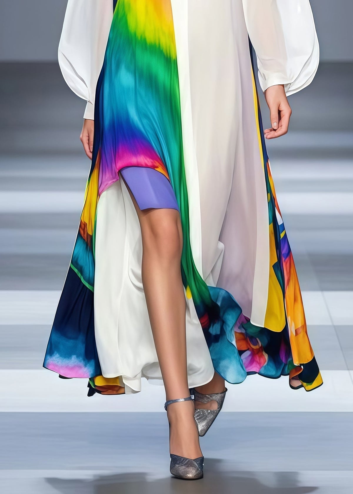 Tie Dye Deep V-Neck Puff Sleeve Chiffon High Split Maxi Dress - View 4