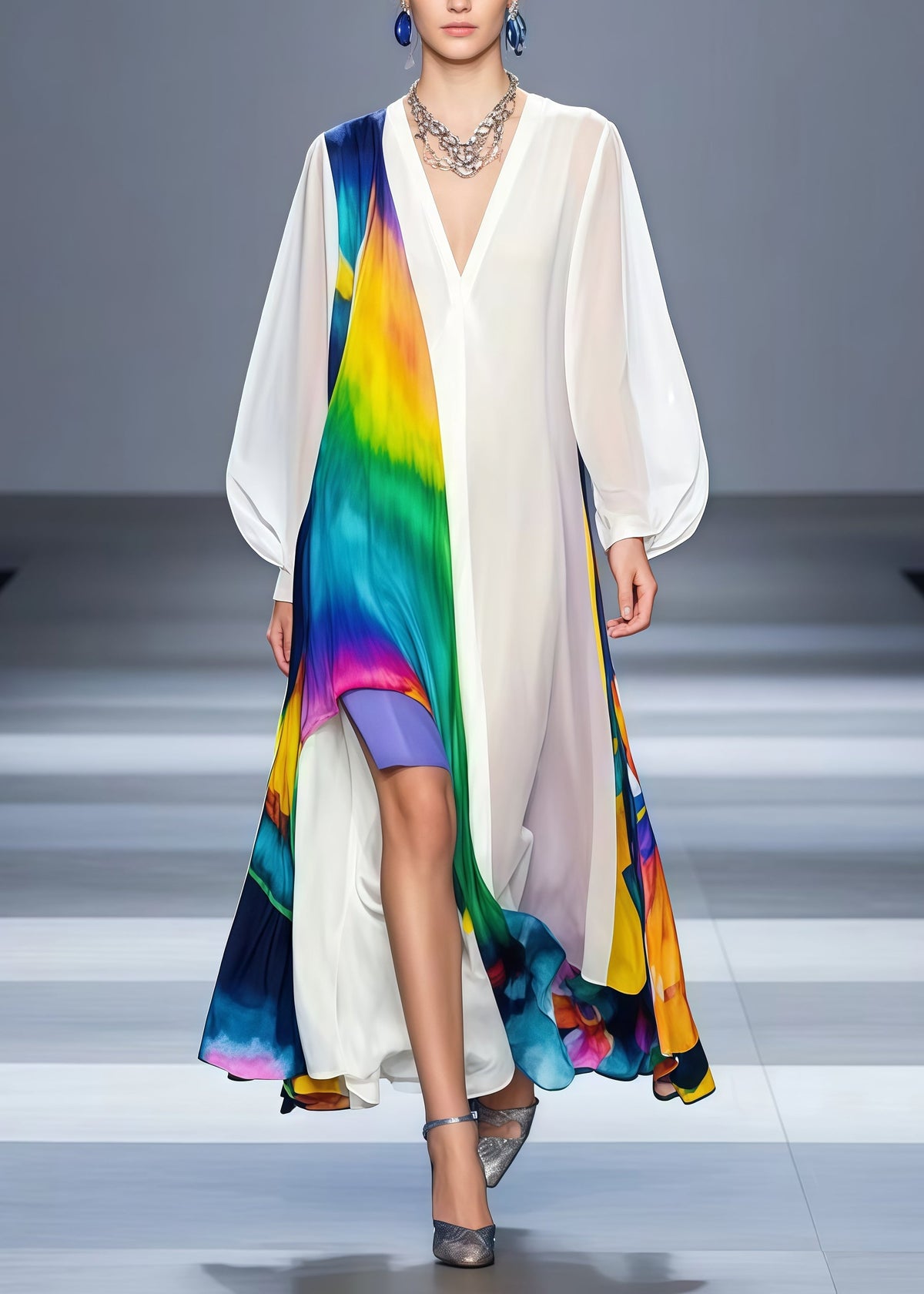 Tie Dye Deep V-Neck Puff Sleeve Chiffon High Split Maxi Dress - View 5