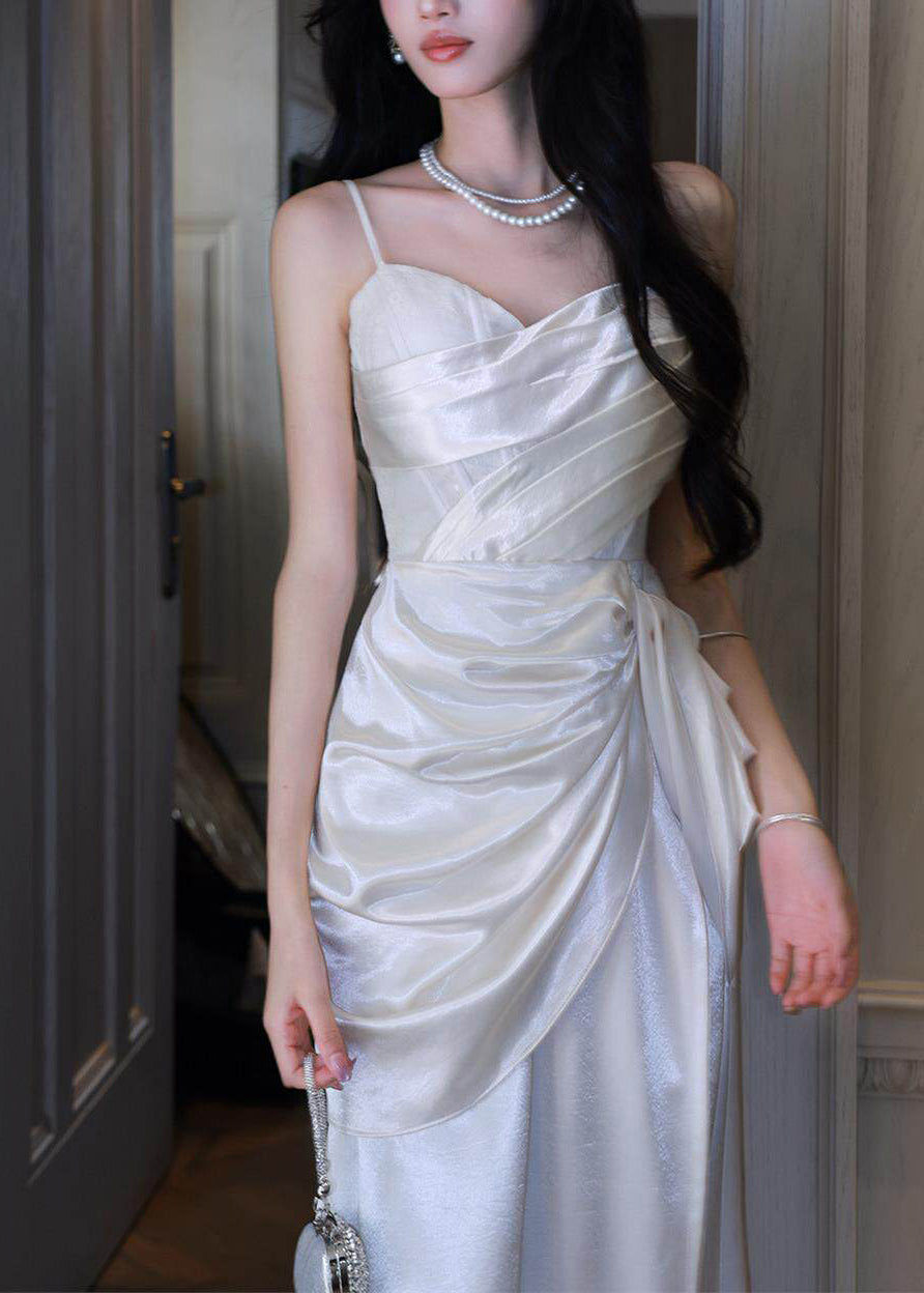 Classy White Cinched Satin Maxi Spaghetti Strap Dress Summer - View 3