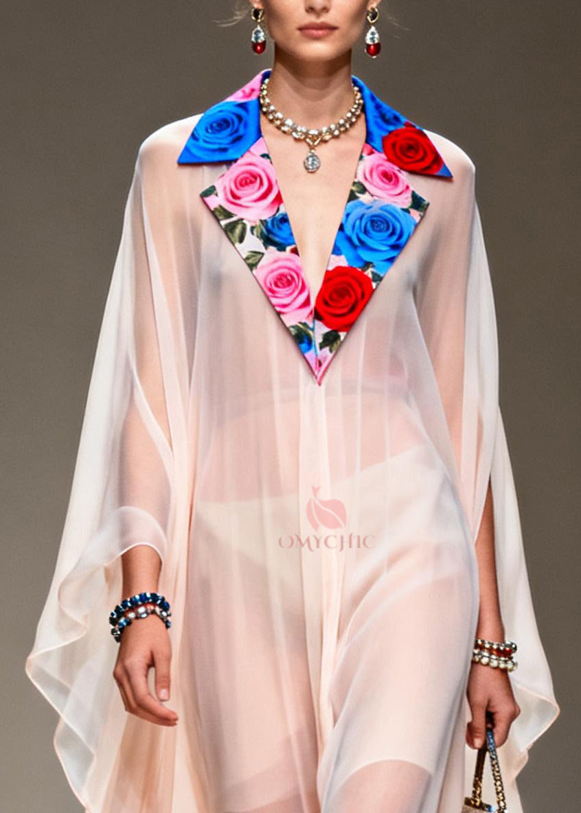 Deep V-Neck Cape Sleeve Floral Collar Chiffon Maxi Dress - View 2