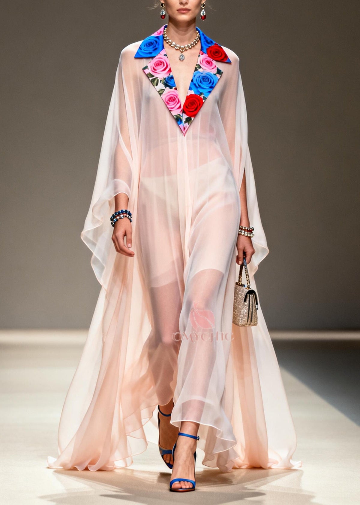 Deep V-Neck Cape Sleeve Floral Collar Chiffon Maxi Dress - View 5
