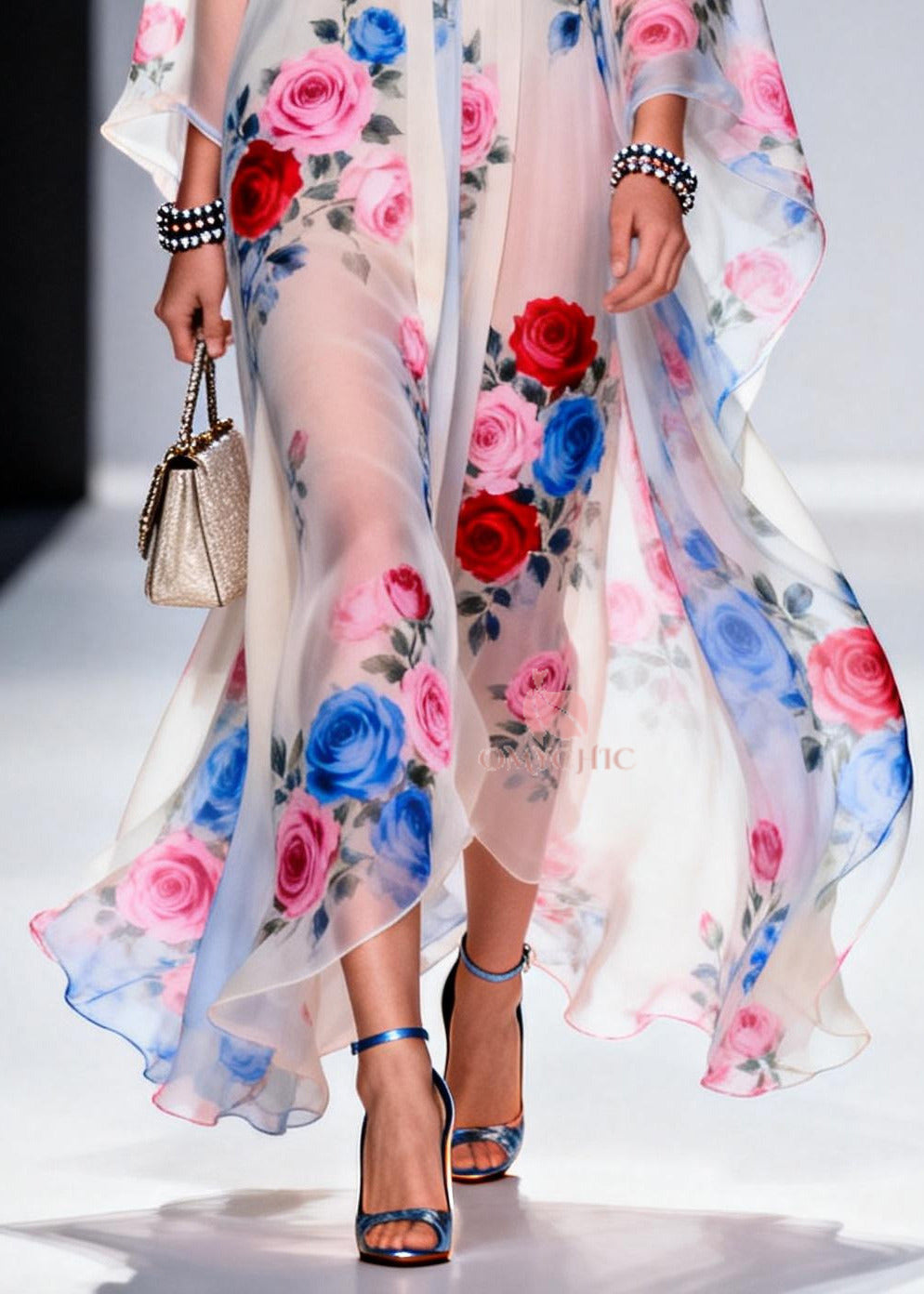 Floral Print Deep V-Neck Empire Waist Sleeve Sheer Maxi Gown - View 4