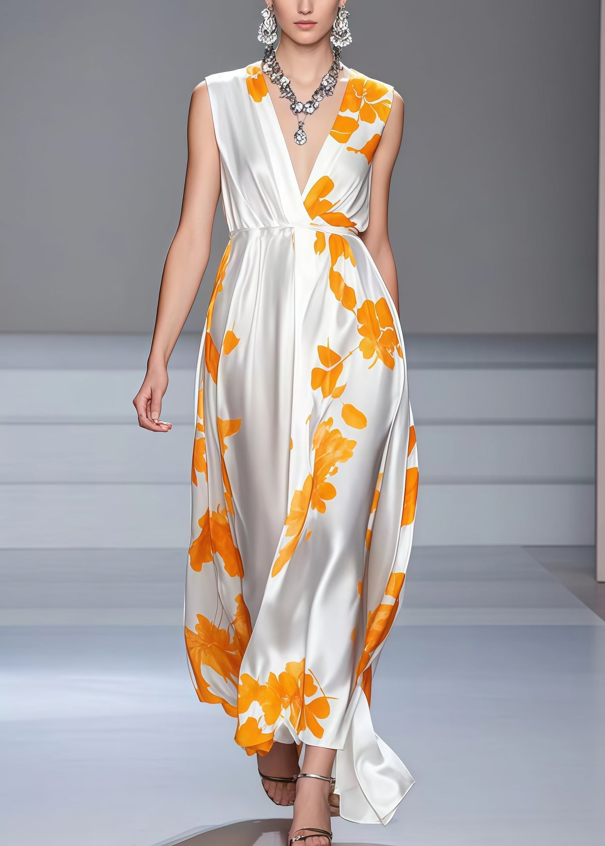 Floral Print Deep V-Neck Sleeveless Empire Waist A-Line Maxi Dress - View 5