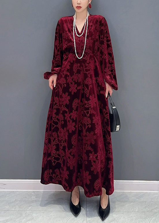 Velvet Embossed Floral Deep V-Neck Balloon Sleeve Pocket Maxi Dress - View 3