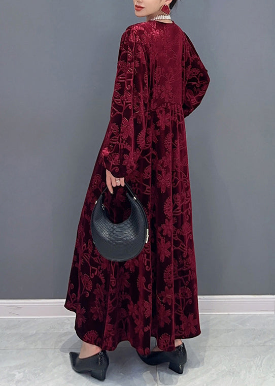 Velvet Embossed Floral Deep V-Neck Balloon Sleeve Pocket Maxi Dress - View 5