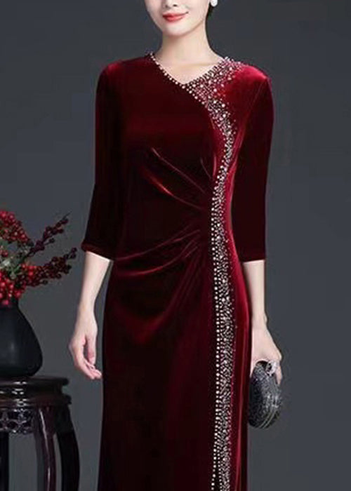 Velvet V-Neck Three Quarter Sleeve Rhinestone Trim Maxi Gown - View 4