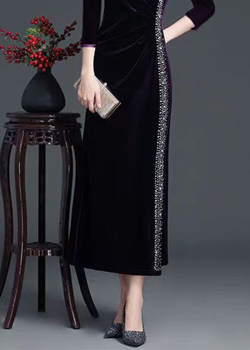 Velvet V-Neck Three Quarter Sleeve Rhinestone Trim Maxi Gown - View 5