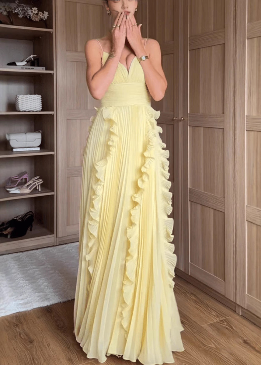 Classy Yellow V Neck Ruffled High Waist Chiffon Dress - View 2