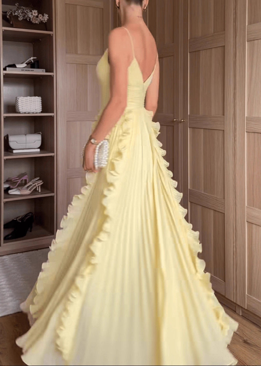 Classy Yellow V Neck Ruffled High Waist Chiffon Dress - View 4