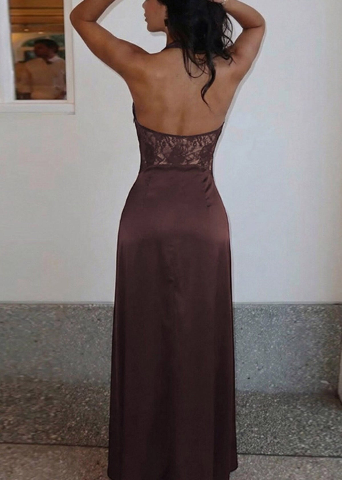 Halter Neck Deep V-Neck Floral Lace Corset Bodice Sleeveless Maxi Gown - View 4