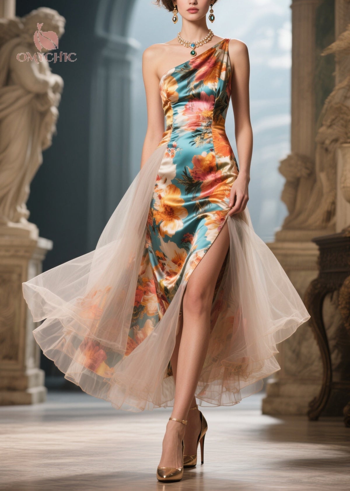Floral Print One Shoulder Tulle Overlay High Split Midi Dress - View 5