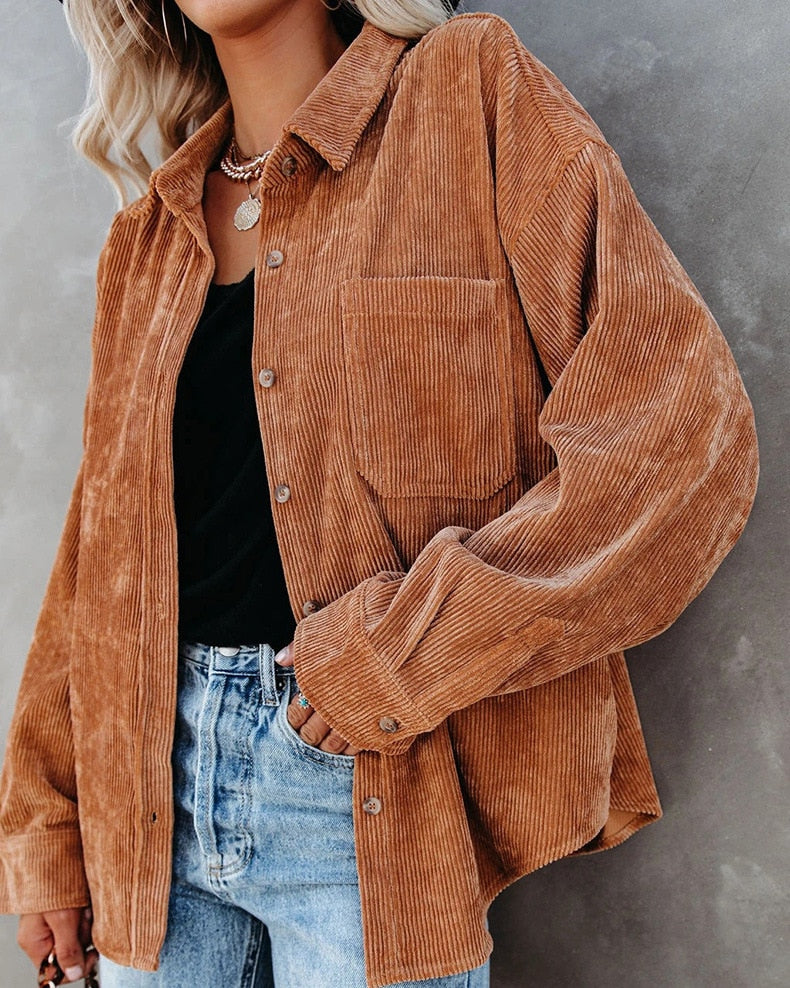 Corduroy Button Front Chest Pocket Long Sleeve Shirt Jacket
