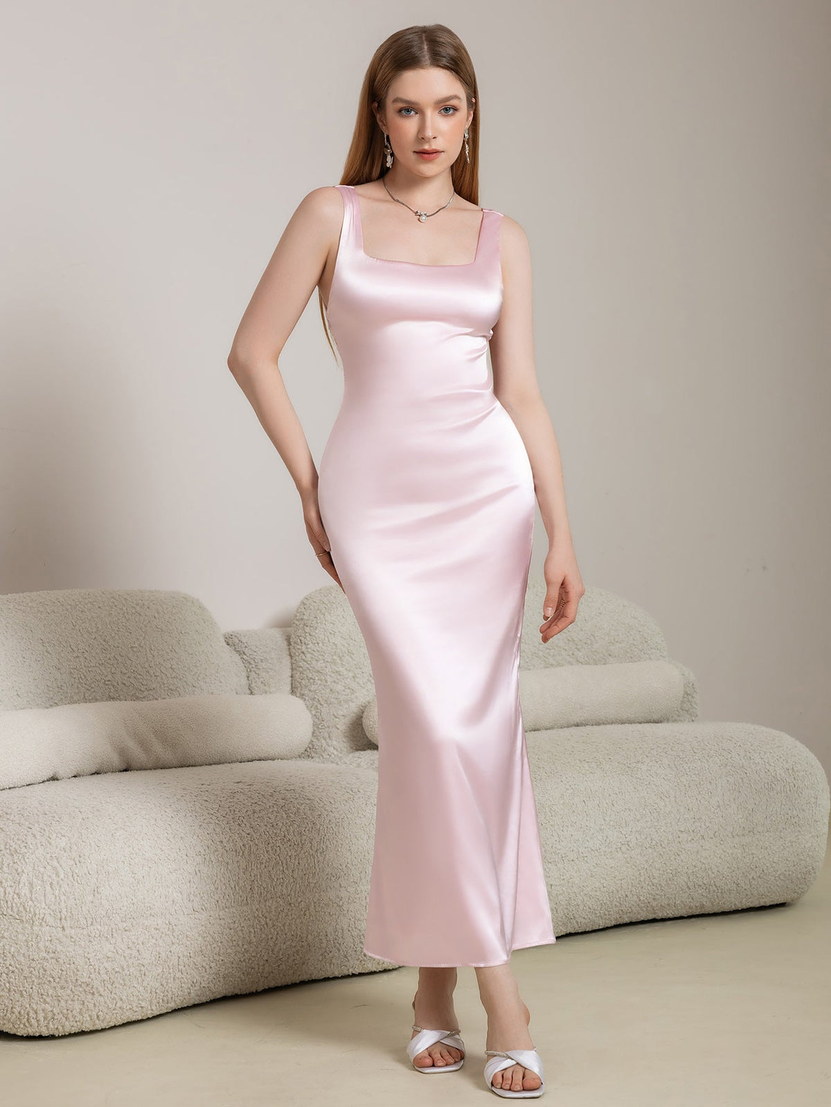Crisscross Back Square Neck Satin Long Dress