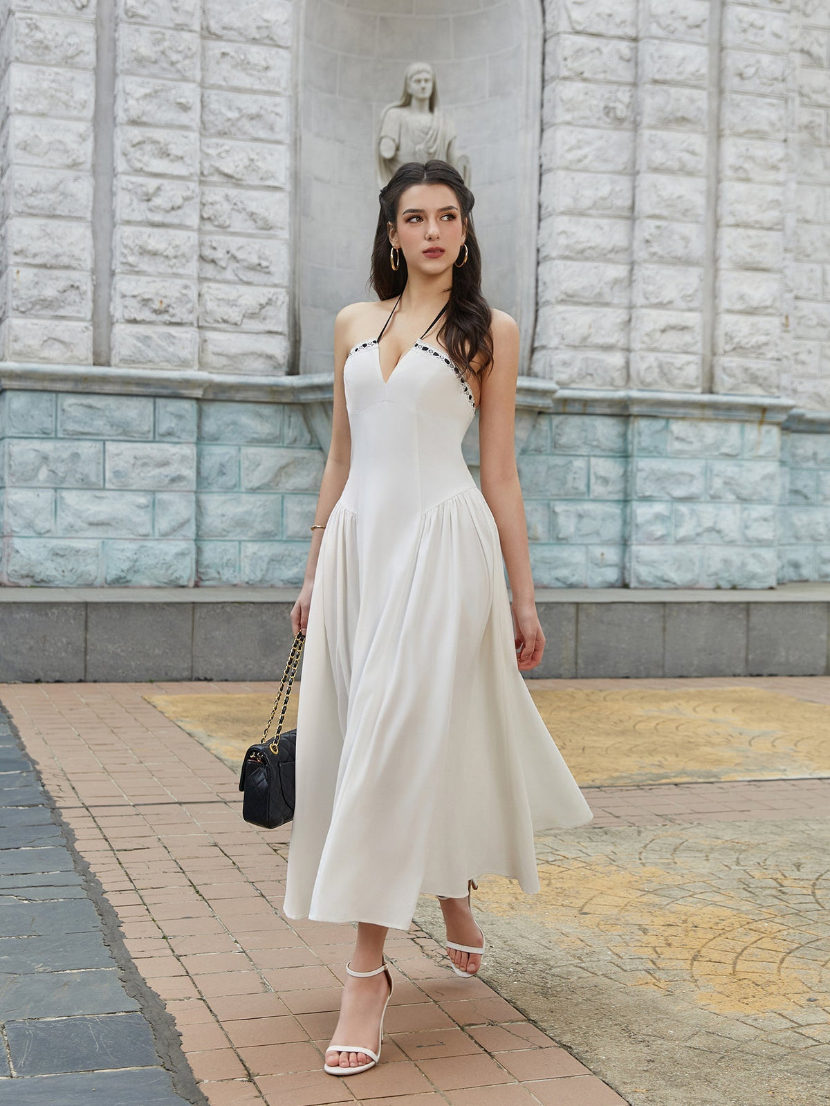 Strapless Bow Trim Contrast Basque Waist A-Line Midi Dress - View 5