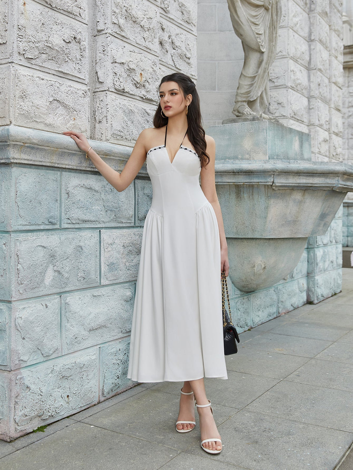 Strapless Bow Trim Contrast Basque Waist A-Line Midi Dress - View 4