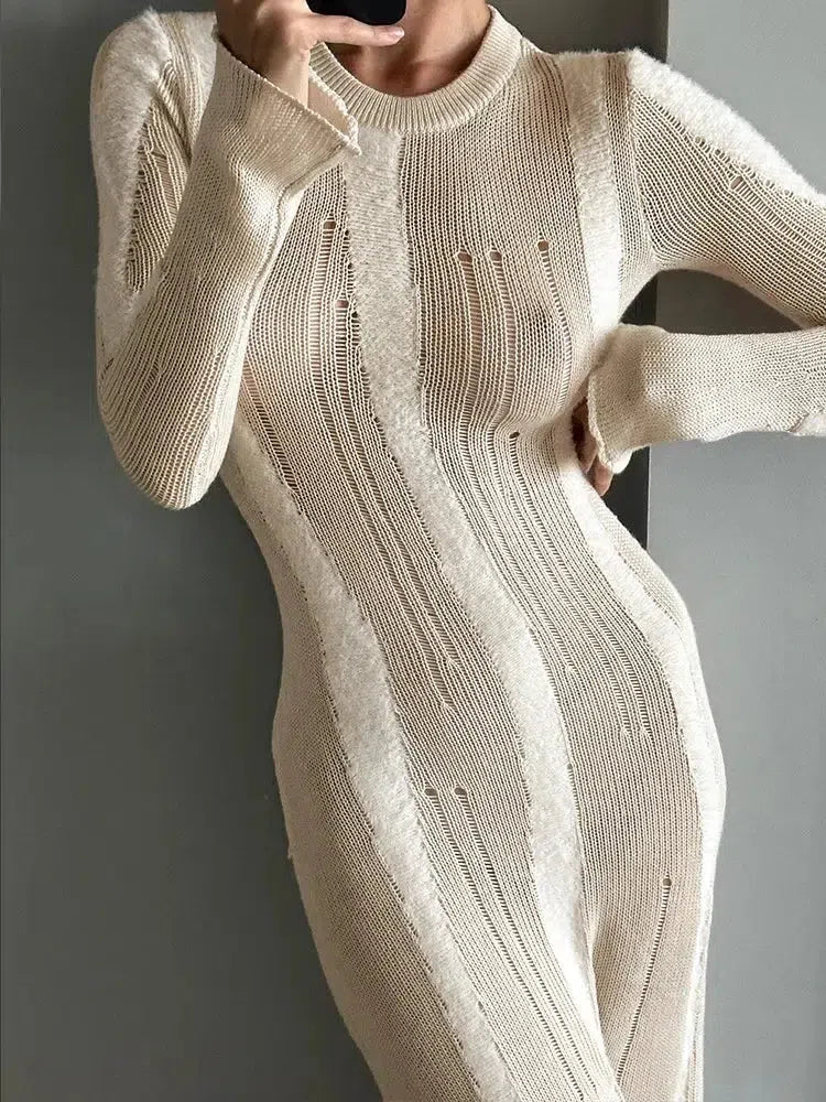 Long Sleeve Crew Neck Openwork Mixed Texture Knit Bodycon Maxi Dress - View 3