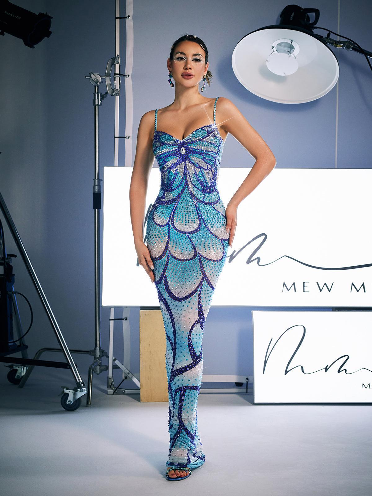 Crystal Embellished Spaghetti Strap Sweetheart Mermaid Maxi Gown - View 3