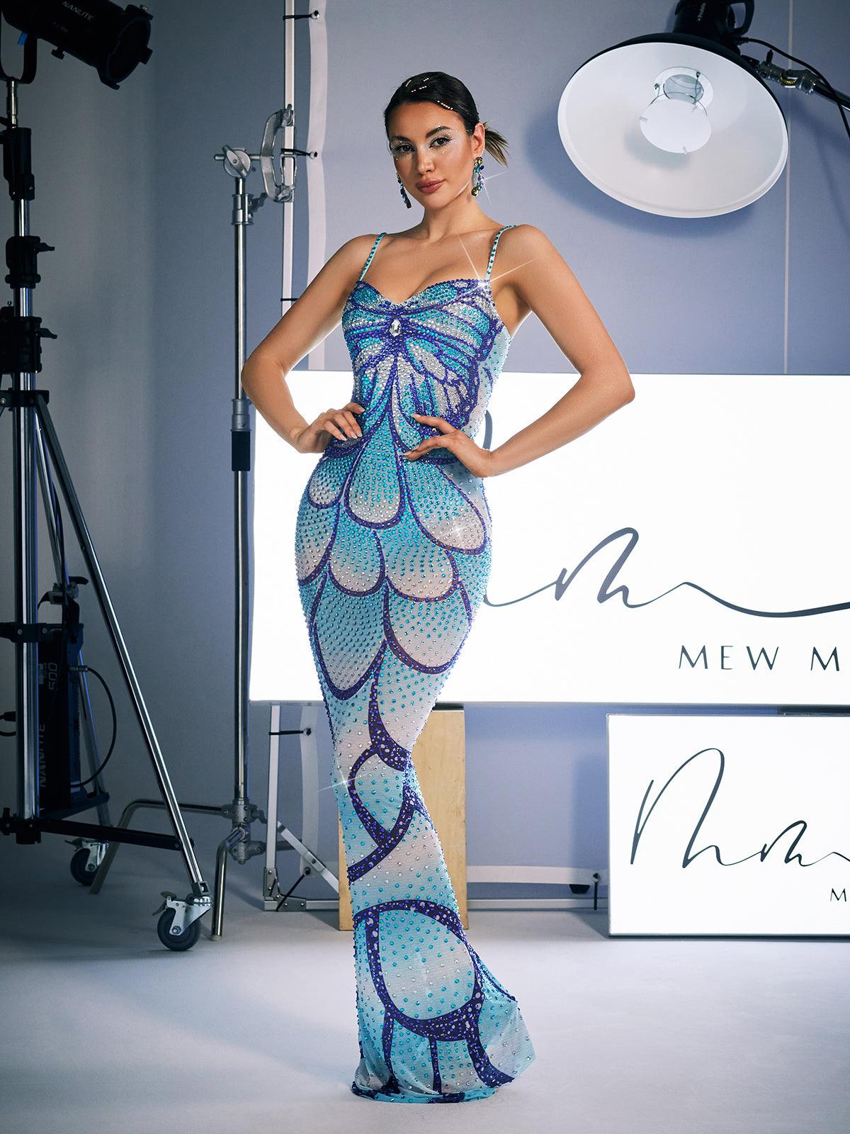 Crystal Embellished Spaghetti Strap Sweetheart Mermaid Maxi Gown - View 4