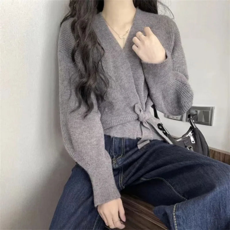 Tie-Up Waist Slimming Knit Cardigan GRAY / One Size