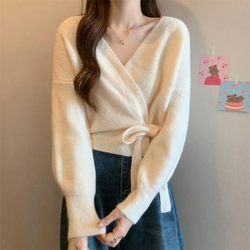Tie-Up Waist Slimming Knit Cardigan WHITE / One Size