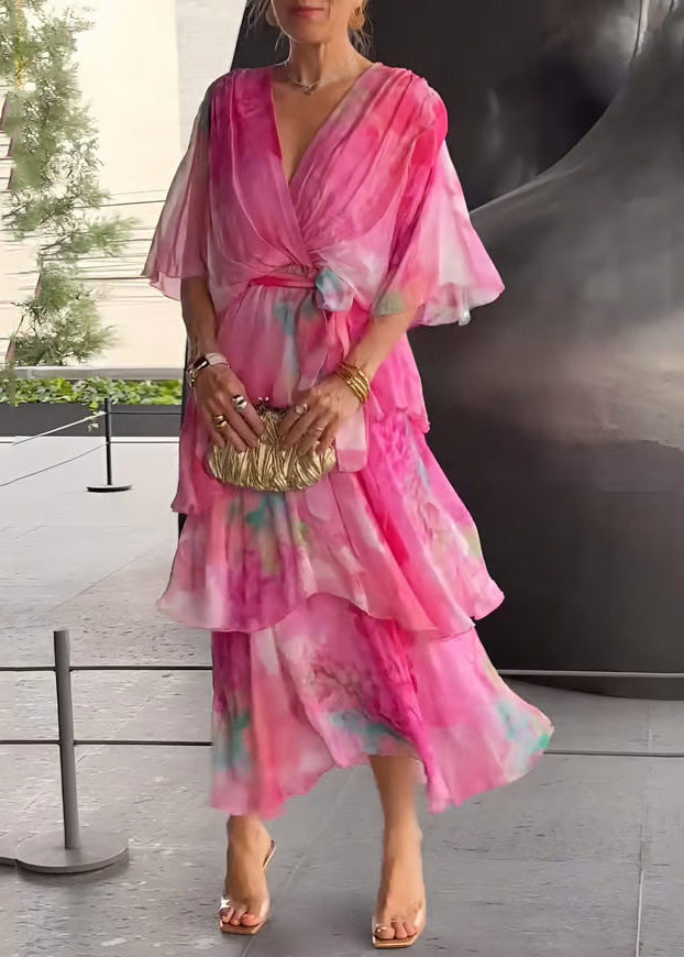 Wrap V-Neck Flutter Sleeve Tie Waist Tiered Ruffle Chiffon Maxi Dress - View 2