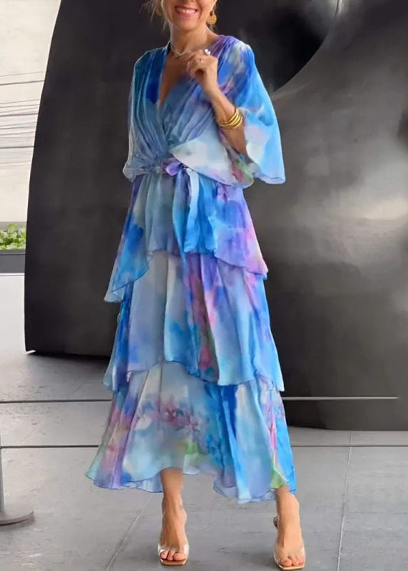 Wrap V-Neck Flutter Sleeve Tie Waist Tiered Ruffle Chiffon Maxi Dress - View 3